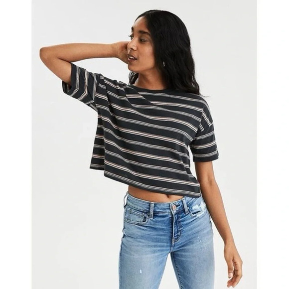 American Eagle Boxy Striped Crop Tee - Picture 1 of 3